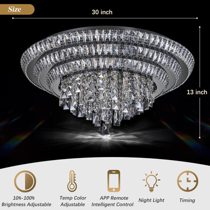 30 inch Crystal Flush Mount Black Chandelier, Modern Raindrop LED Ceiling Light, 3CCT Dimmable & Brightness Adjustable,Remote/APP ,Elegant Chandeliers for Bedroom Hallway Dinning Room Living Room