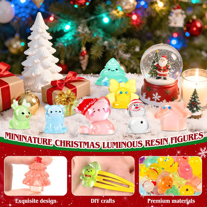56Pcs Christmas Luminous Mini Figurines 56 Styles Glow in the Dark Tiny Resin Miniatures to Hide Bulk Santa Snowman Bell Snowflake Figurines for Xmas Bag Fillers Party Favors Garden Dollhouse Decor