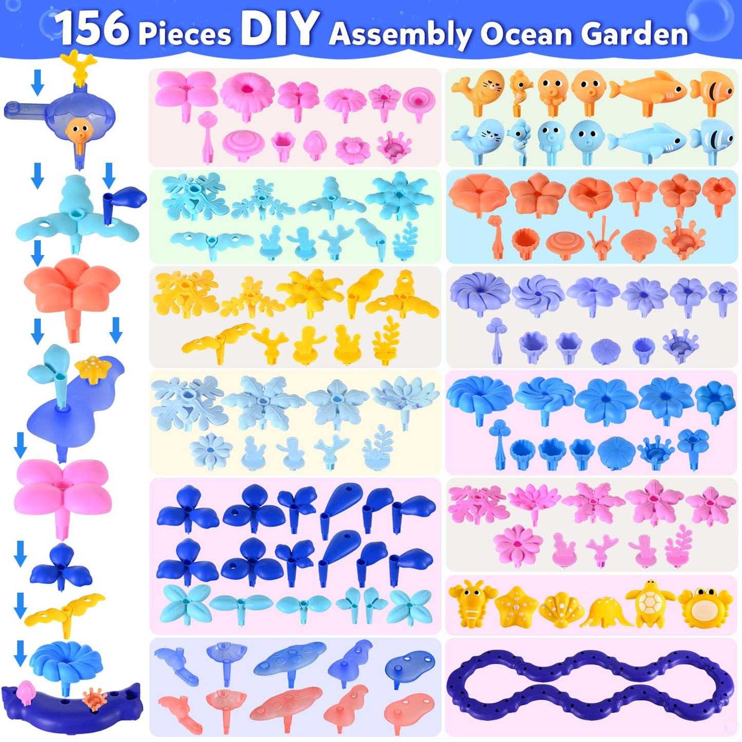Doloowee 156Pcs Flower Garden Building Toys for Girls 3 4 5 6 7 8Year Old, Upgrade DIY Marine Coral Stacking Toys, STEM Preschool Educational Toddler Toys
