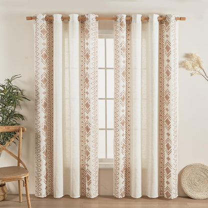 LOHUT Beige Boho Curtains 2 Panels for Bedroom 84 Inches Long Linen Embroidered Drapes for Living Room Farmhouse Geometric Light Filtering Grommet Window Treatment 55x84 Inch, Taupe On Beige