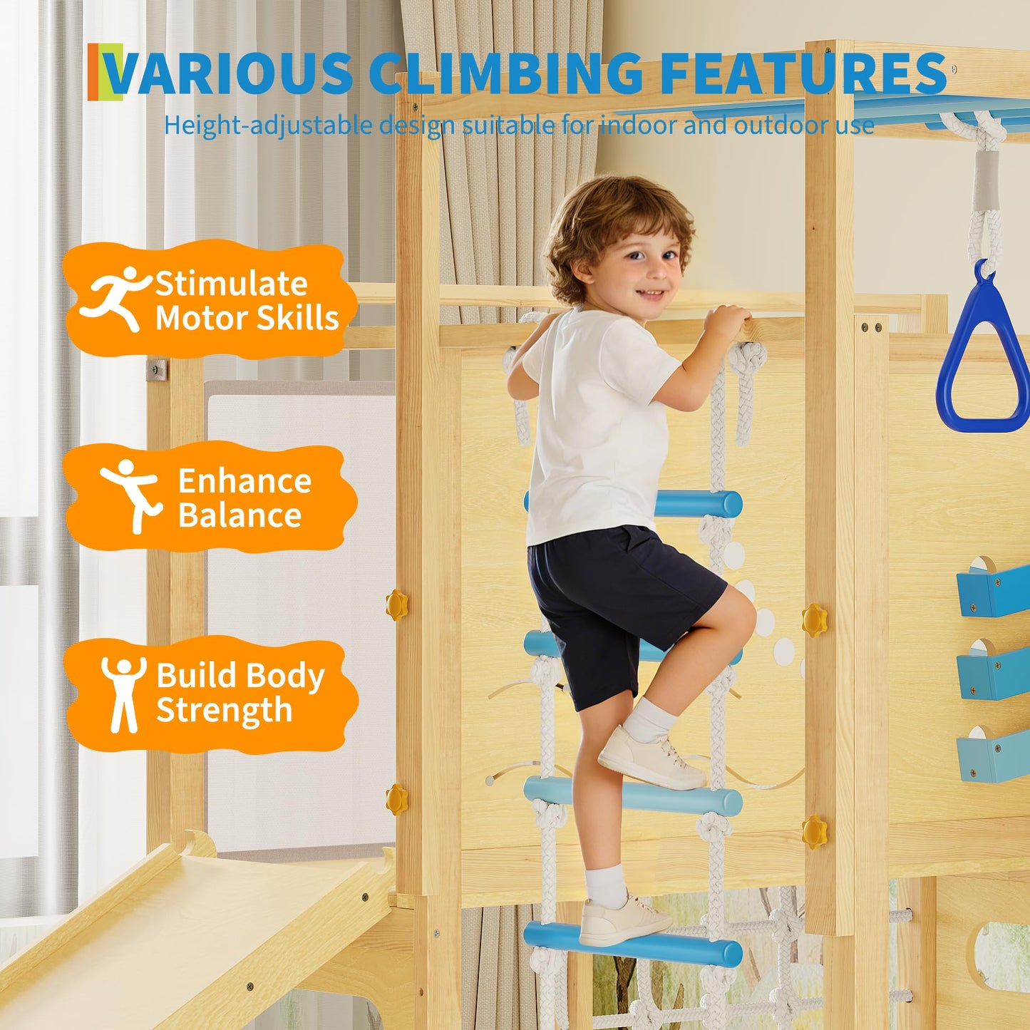 9-IN-1 Outdoor Indoor Jungle Gym, Montessori Wooden indoor playground for kids 2-8, Wooden Climbing Structure with Slide, Monkey Bars, Rope Ladder, Rock Wall, Climbing Net, Rings - Natural Wood Blue