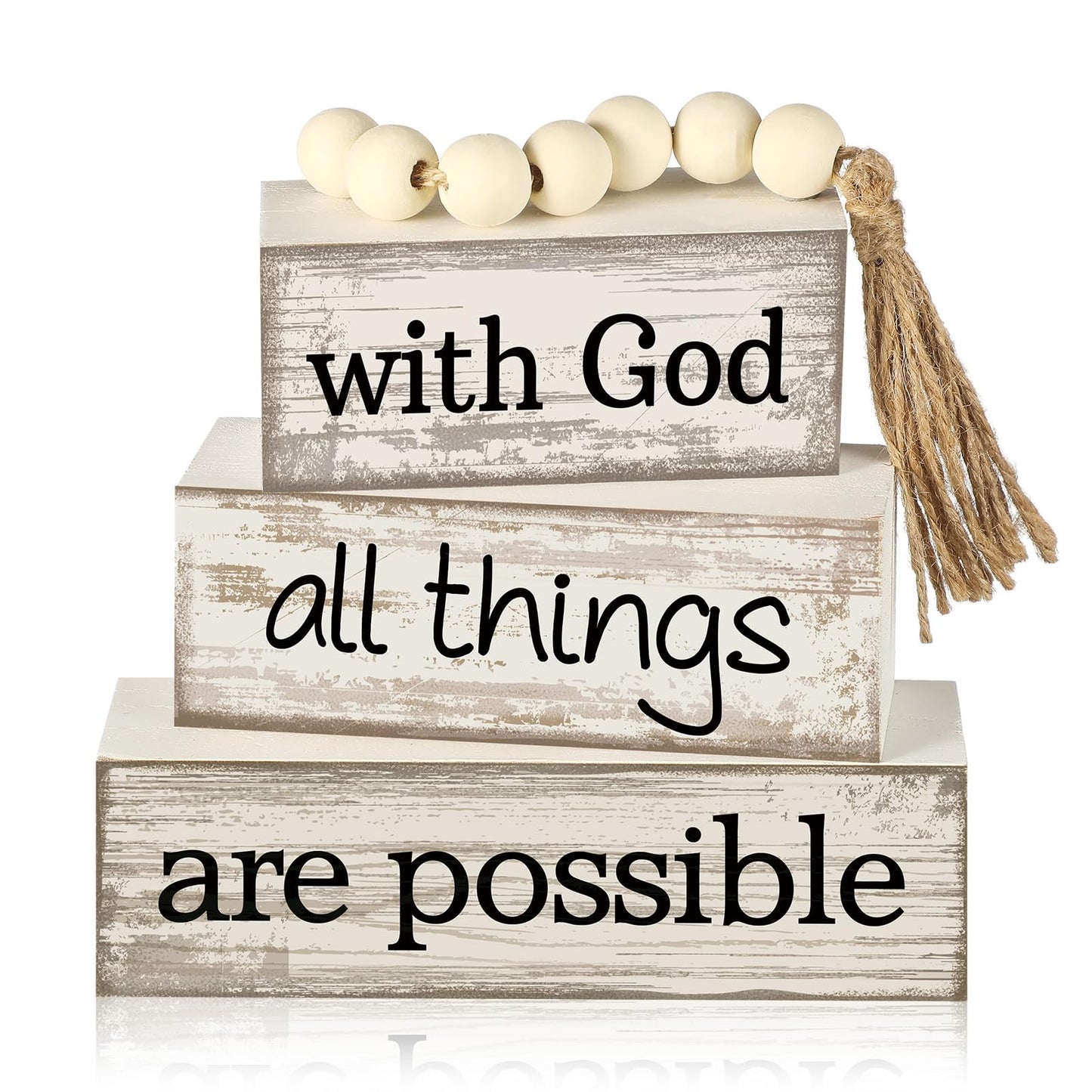 Yuntau 4 Pcs Farmhouse Wooden Tabletop Decor Farmhouse Tiered Tray Decor Rustic Retro Wood Bead Garland with God All Things are Possible Block Sign Neutral Centerpiece Sign for Home Shelf Mantle
