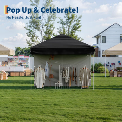 GarveeLife 10x10 Pop Up Canopy with 3 Sidewalls - Easy Up Camping Tent with One Button Push Setup - 1 Roller Bag, 3 Adjustable Height, 4 Weight Bags for Deck, Garden, Sports, Beach, Party - Black