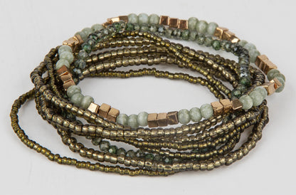SPUNKYsoul Olivia 8 Piece Boho Bracelet Set for Women, Layered Stretch Beaded Bracelet Stack, Green Stone Seed Bead Bracelets with Gold Accents, Bohemian Stackable Jewelry Gift (Green Gold)