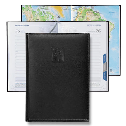 Leather Executive Daily Planner 2026 – A5-Compatible (8.3 x 5.9 in), One Page per Day Hourly Business Agenda, 416 Pages, Monthly Tabs, Hardcover – Made in Italy (BLACK 2026)