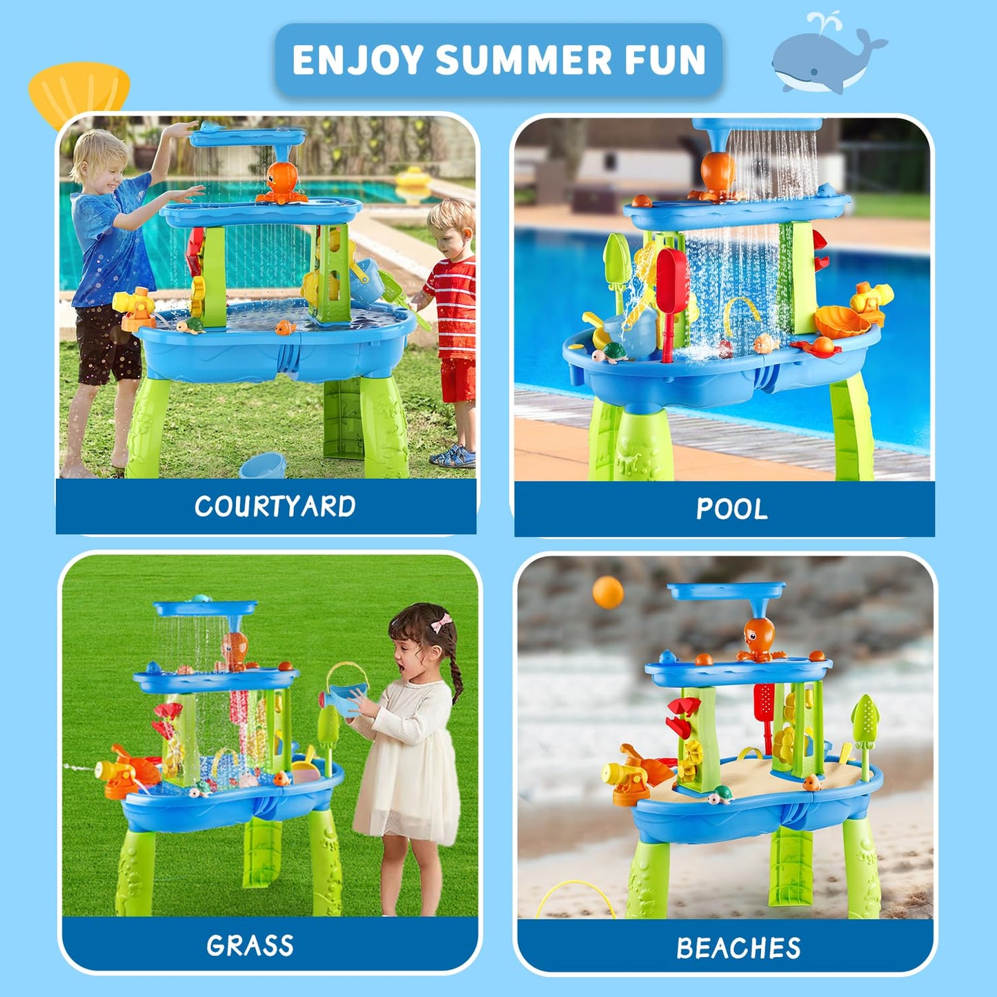 YAZ&OUZ Water Table for Toddlers 1-3, 3-Tier Kids Water Table, Water Tables for Toddlers 3-5 Features Swimming Dolphins & Crabs, Rain Showers Splash Pond, Activity Sensory Play Table for Girls Boys