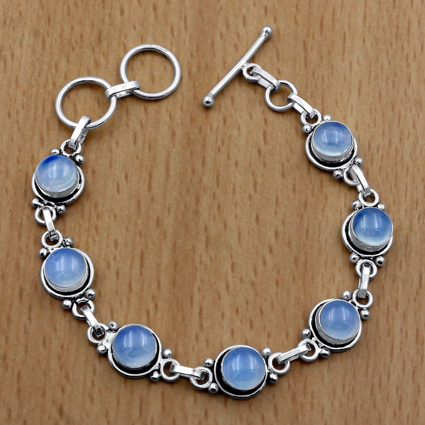 Synthetic Opalite 925 Silver Plated Round Gemstones Adjustable Bracelet for Women - Vintage Bohemian Style Handmade Link Bracelet - Wedding Gifts for Mom Wife Her