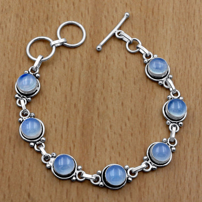 Synthetic Opalite 925 Silver Plated Round Gemstones Adjustable Bracelet for Women - Vintage Bohemian Style Handmade Link Bracelet - Wedding Gifts for Mom Wife Her