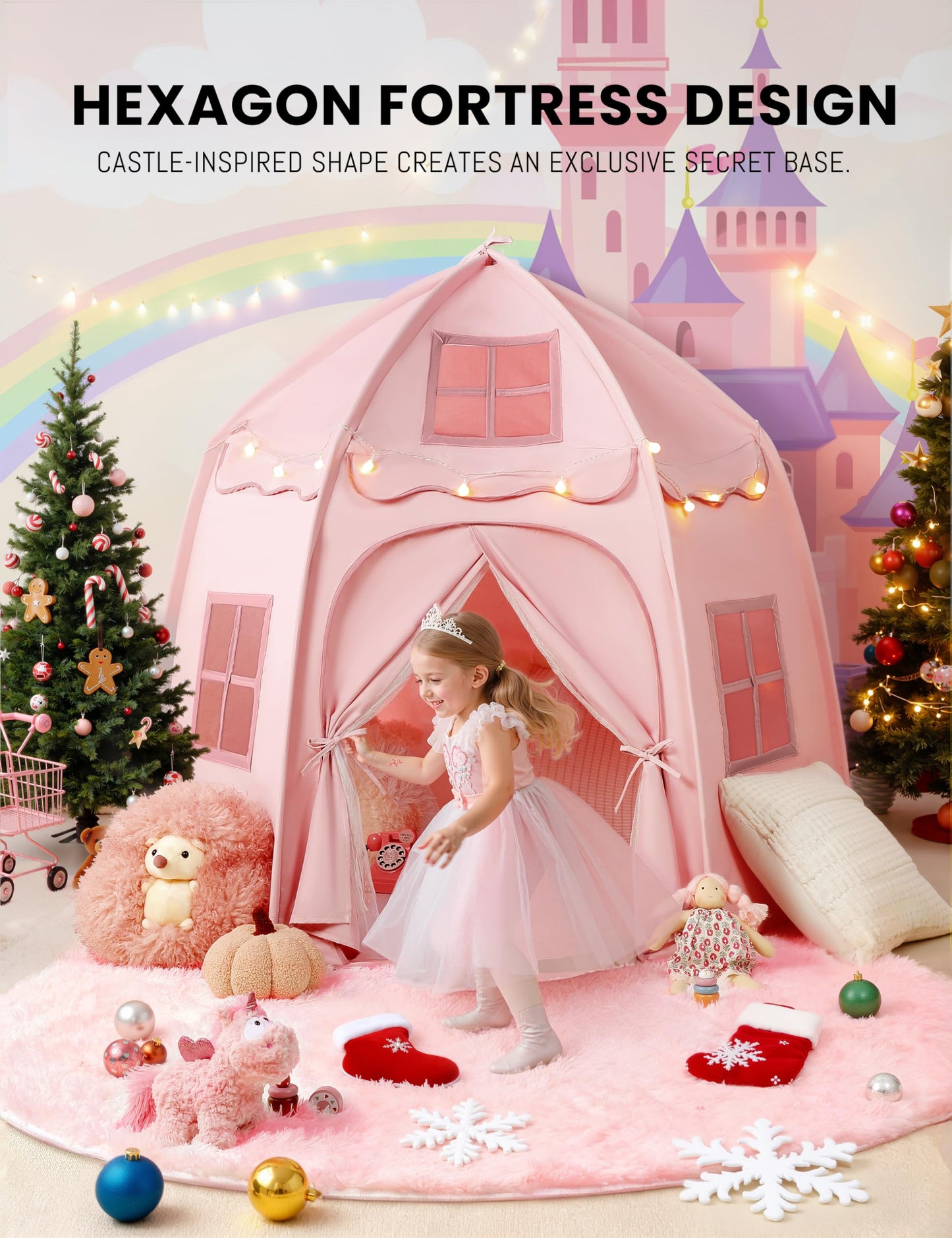 besrey Kids Play Tent, Large Kids Playhouse with 1 Door & 3 Windows, Children's Fort with Star Lights, Indoor & Outdoor Playhouse, Hexagonal Toddler Tent, 61" x31.5" x 51", Pink