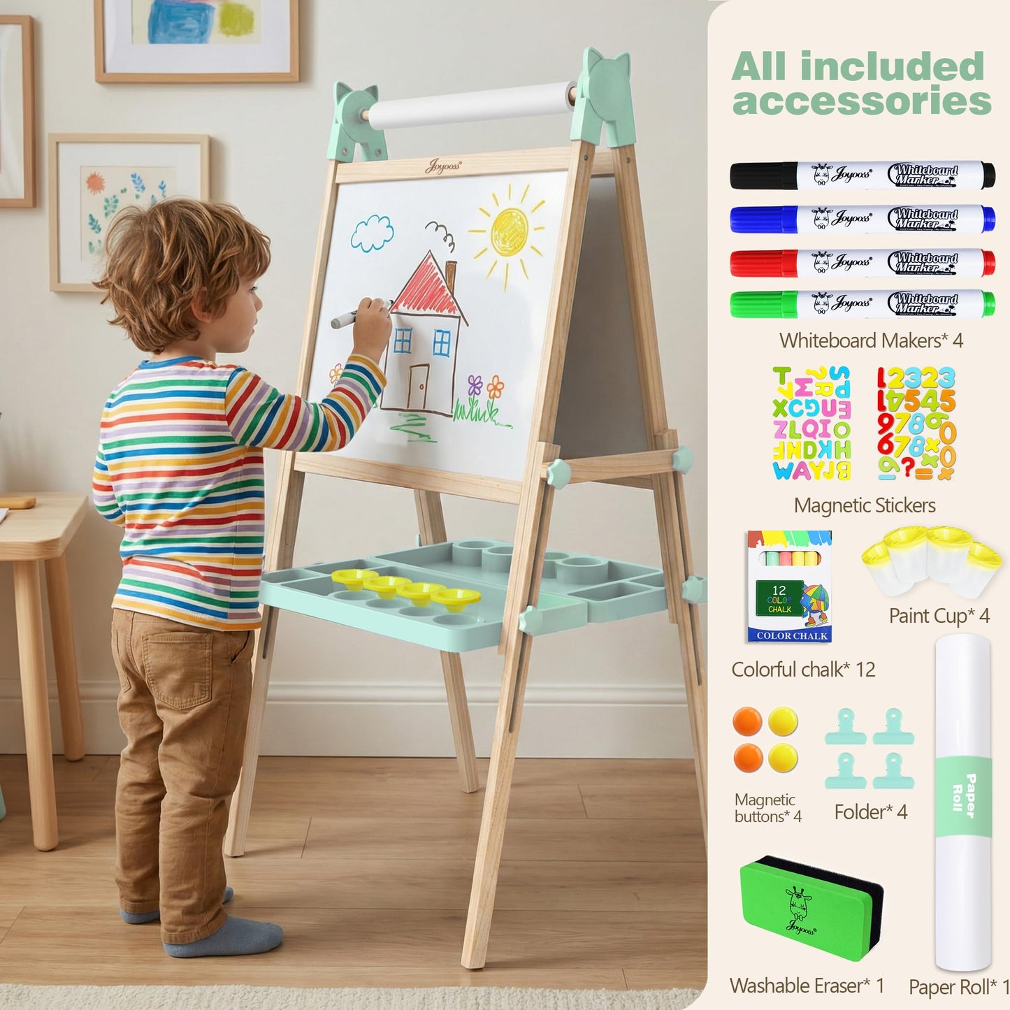 JOYOOSS Easel for Kids Ages 4-8 Easels for Toddlers Art Kids Easel Age 8-12 Wooden Drawing Easels Double-Sided Magnetic Whiteboard Chalkboard with Paper Roll for Kid Dry Erase Board Green