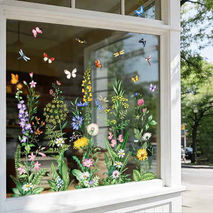 Tanlaby Wild Flower Window Clings Spring Floral Grass Wildflower Window Stickers with Butterfly Green Plant Static Window Decals for Home Glass Doors Decor