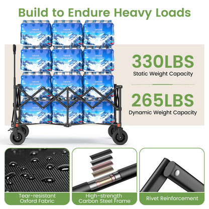 Blomoba Collapsible Wagon Cart, 330LBS Heavy Duty Folding Cart with Wheels 360° Rotation, Built-in Brakes, Flexible Handle, Portable Utility Wagon for Grocery Sports Garden Shopping Camping