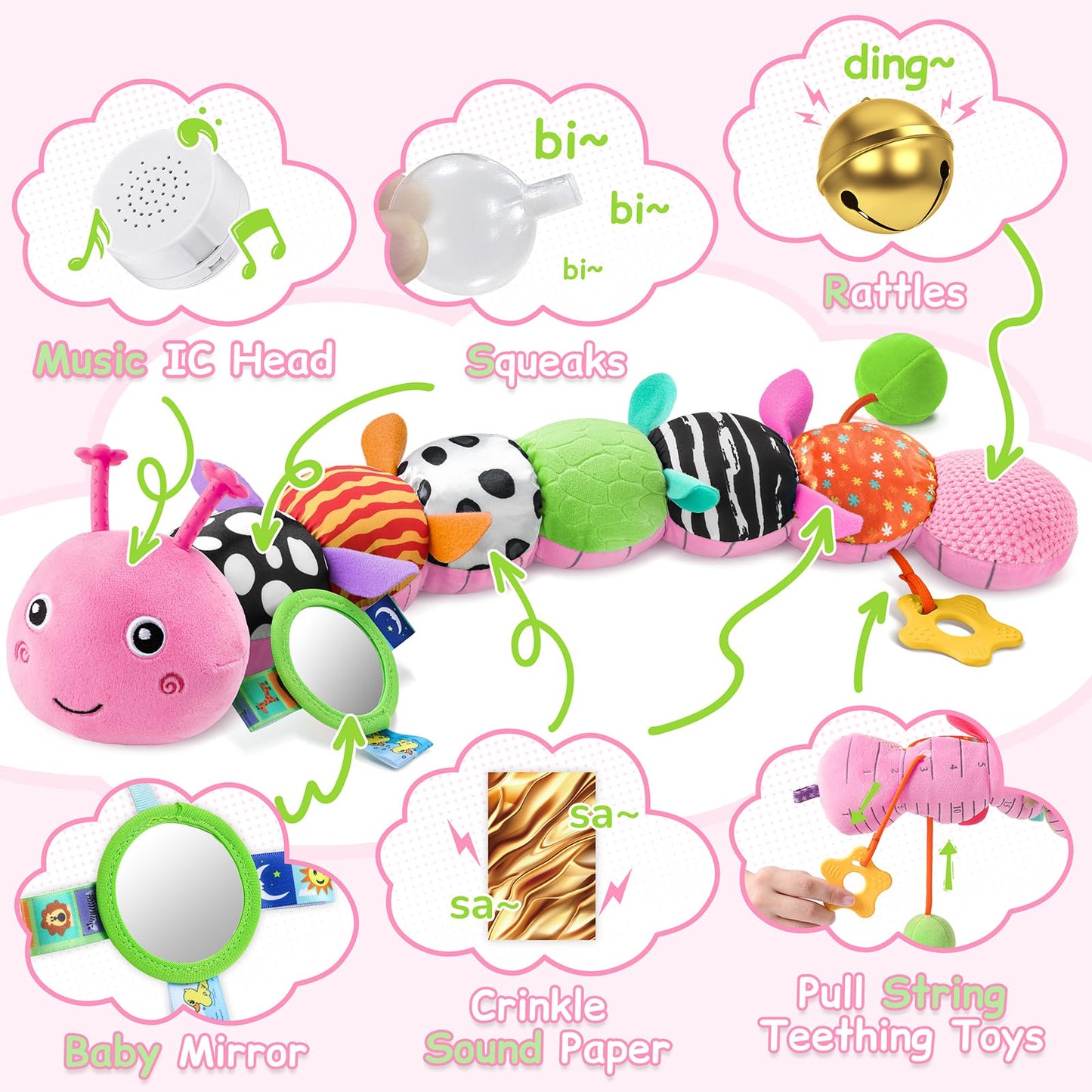 Tummy Time Baby Toys Sensory Musical Animal Stuffed Car Seat Toy for Infant 0-3-6-12 Months Newborn, Plush Caterpillar with Mirror,Crinkle,Rattle Teething Toys for Baby Boys Girls Shower Gifts, Pink