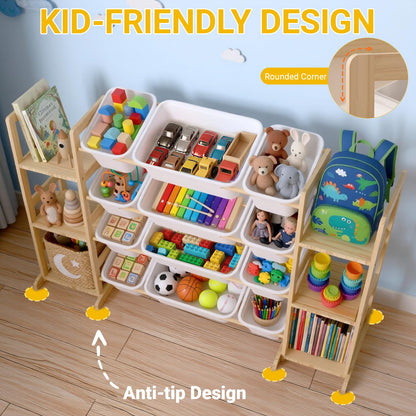 Dclavy Toy Storage Organizer with Bookshelf for Kids, Large Wooden Shelf with 12 Storage Bins & 6 Shelves, Toy Box Organization for Kids Rooms, Playroom, Nursery and Living Room