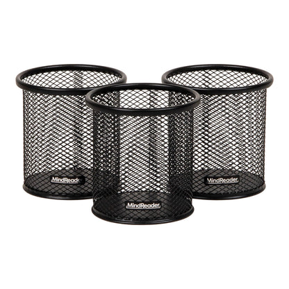 Mind Reader Pen and Accessories Holder, Desktop Organizer, Office, Metal Mesh, 3.5"L x 3.5"W x 3.75"H, Set of 3, Black