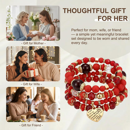 Ysenchan Bohemian Bracelet Set for Women, 4 Pcs Beaded Stackable Bracelets with Heart Charm, Stretch Bracelets, Boho Jewelry Gift – [Red]