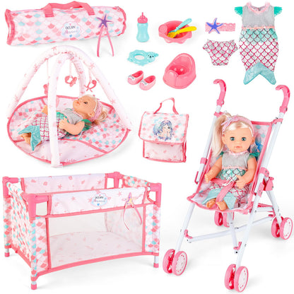 deAO Baby Doll Stroller Playset,5-in-1 with 12-inch Doll Included,Foldable Stroller,Crib Bed & Play Mat - Fits 12 14 Inch Dolls,Pink Travel Toy Set for Toddlers Girls Boys
