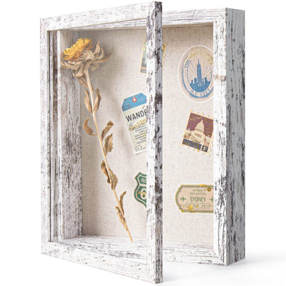 Califortree 8x10 Shadow Box Frame with Linen Back - Real Glass, Push Pins Included, Sturdy Rustic Memory Display Case, Fits 6.8x8.8 Inserts, Distressed White