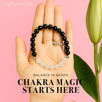 Joyfulmuze Black Tourmaline Selenite Bracelet, Handmade Stretch Jewelry, Natural Calming Crystals, Simple Genuine Chakra Energy Bracelet, Gifts for Women and Man, 8mm