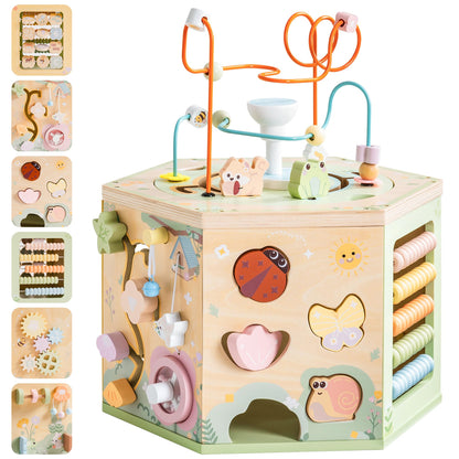 ROBUD 13-in-1 Wooden Activity Cube, Montessori Toys for 1+ Year Old Boys & Girls, Multipurpose Educational Sensory Toy for Toddlers, Educational Learning Toys, Fountain Garden Theme