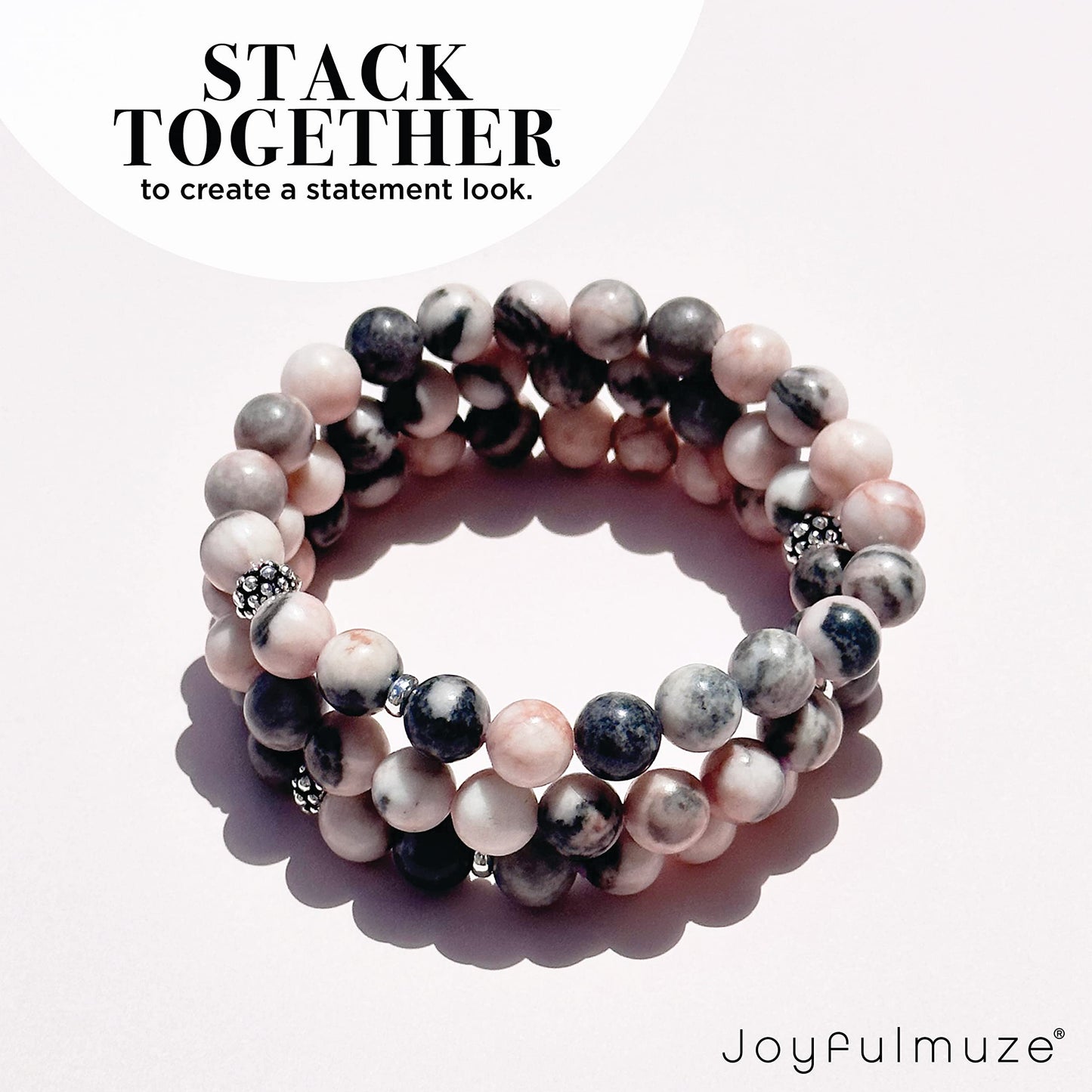 Joyfulmuze Zebra Jasper, Stretch Bracelets Natural Genuine Pink and Black Gemstones, Handmade Gift for Women and Men (Ocean-Pink-Black-Agate)