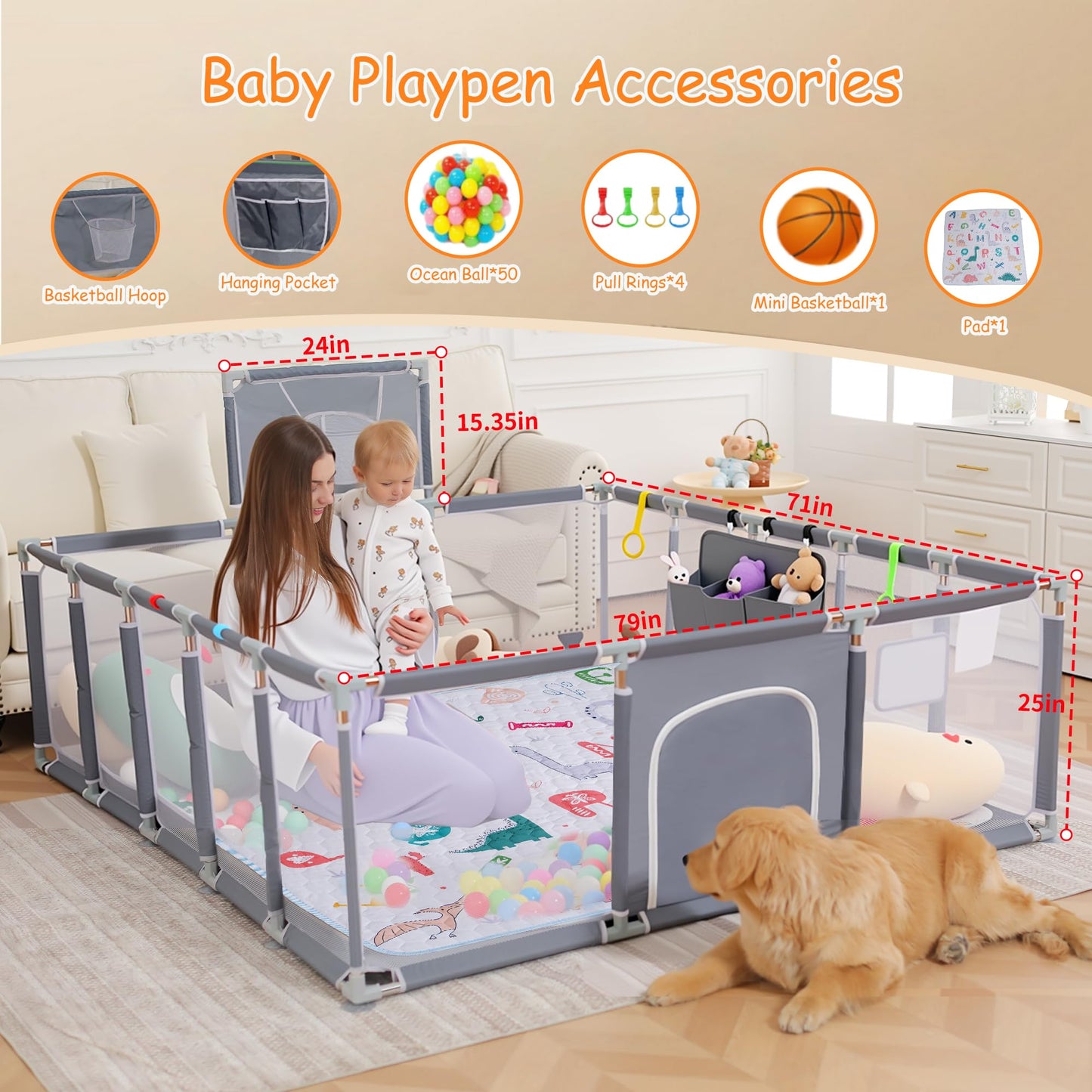 Baby playpen, 79"x71"Baby Playpen with Mat Indoor＆Outdoor Playpen for Babies and Toddlers with Breathable Play Pen with Ocean Balls Hanging Pocket Basketball Hoop (Gray)