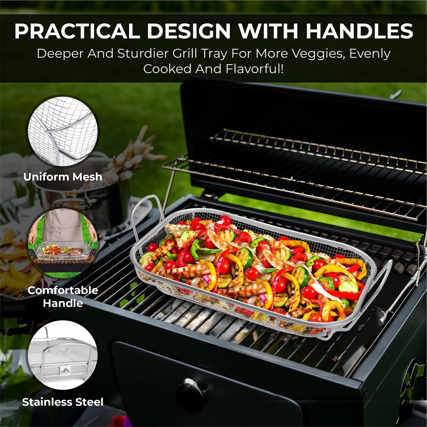 Homi Styes Grill Baskets for Outdoor Grill – 15 x 11-inch Vegetable Grill Basket – Grill Vegetable Basket with Handles – Rustproof Stainless Steel Mesh Veggie Grilling Basket