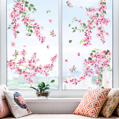 Supzone Spring Cherry Blossom Flowers Window Clings Valentine's Day Pink Hanging Flower Window Decals Anti-Collision Static Stickers for Women Girls Room Decor