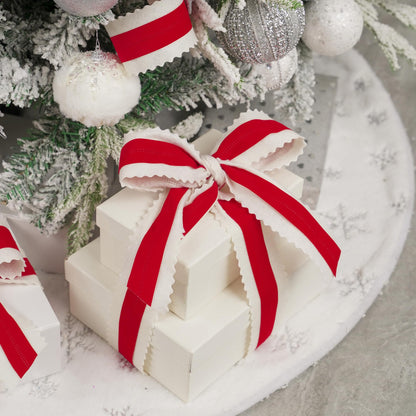 MEEDEE Christmas 2.5 Inch Gift Wrap Ribbon 10 Yards Wired Felt Ribbon White with Pink Velvet Middle Rickrack Cutout Ribbons for Christmas Tree Decoration, Topper Bow, Garland