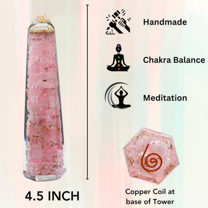 Amazing Gemstone Rose Quartz Orgonite Orgone Crystal Towers - Large 4.5" Orgonite Crystal Wand Obelisk Tower Point for Meditation, Crystals and Healing Stones Gift and Protection
