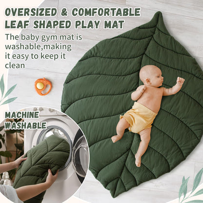 Baby Play Gym with Mat Leaf Shaped, Baby Play Mat with 5 Hanging Toys Tummy Time Mat, Baby Gym Activity Center, Washable (Green)