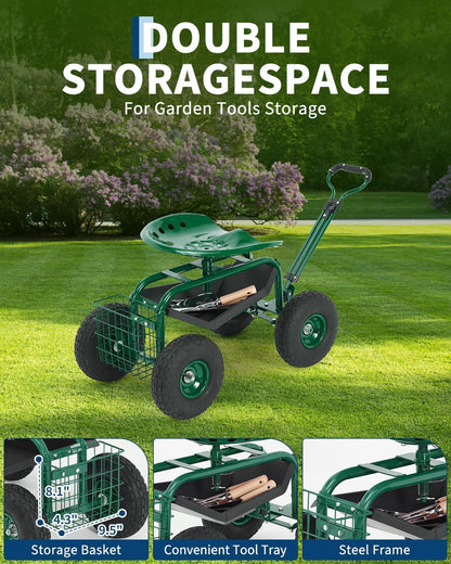 Heavy Duty Garden Cart, Garden Scooter Rolling Work Seat, 360° Swivel with 10-Inch All-Terrain Inflatable Tires, Extendable Steering Handle & Metal Tool Tray for Planting, Weeding, Yard Work