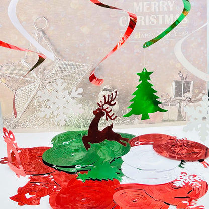 Christmas Party Decorations Foil Hanging Ceiling Swirls (30Pcs Fully-Assembled) Christmas Reindeer Bell Christmas Tree Snowflake Swirls for Porch Home House Bar, Xmas Holiday Supplies Decorations