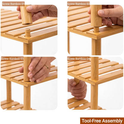 GOGOGO 3-Tier Expandable Bamboo Bookshelf - 150LBS Heavy-Duty, Tool-Free Assembly, Multifunctional Storage for Bathroom/Kitchen/Office Holder Plant Flower Stand (Natural, 3-Tier 12.8" D)