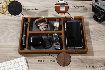 Shinpuru Wooden Valet Tray for Men, Nightstand Organizer with Leather Inlay, EDC Essentials Catchall Tray for Keys, Phone, Wallet, Watch, Earbuds - Bedside Desk Entryway Tray (Wood-Pen)