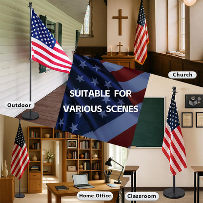 American Flag with Pole and Stand - Heavy Duty 1" Free Standing Indoor Flagpole Set with 3x5ft Embroidered US Flags,Weighted Base, 6-8 FT Adjustable Portable For Office, Church,School (Black)