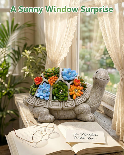 Nacome Solar Garden Outdoor Statues Turtle with Succulent and 7 LED Lights - Lawn Decor Statue for Patio, Balcony, Yard Ornament - Gifts for Mom Grandma Women