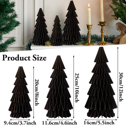 SUNBEAUTY 3PCS Black and Gold Honeycomb Paper Christmas Tree, 3D Christmas Tree Table Centerpiece with Magnetic Attachment,Christmas Winter Newyear Party Holiday Home Decor