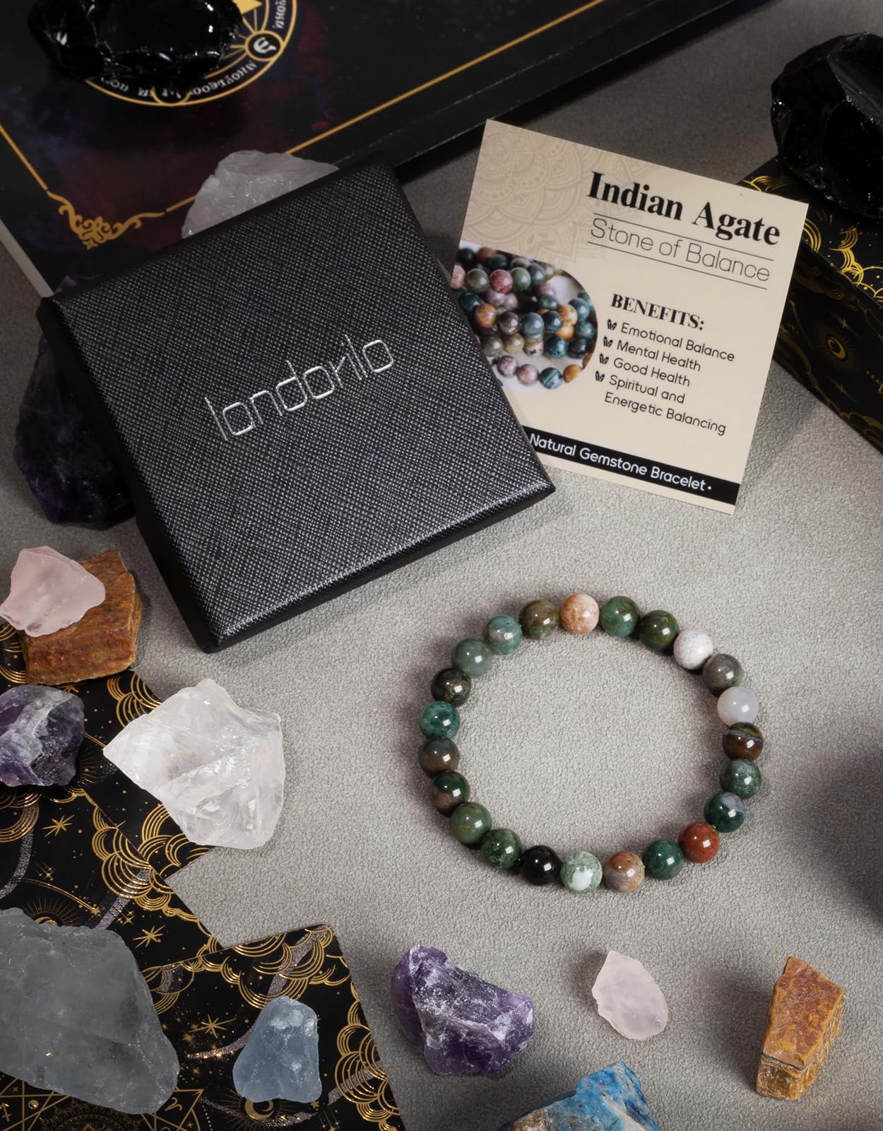Landorilo Beaded Bracelet for Men Women, 8mm Natural Stone Indian Agate Healing Crystal Stretch Bracelets, Ideal Christmas Birthday Jewelry Gifts with Energy Card，Replacement Beads Included