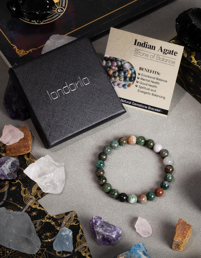 Landorilo Beaded Bracelet for Men Women, 8mm Natural Stone Indian Agate Healing Crystal Stretch Bracelets, Ideal Christmas Birthday Jewelry Gifts with Energy Card，Replacement Beads Included