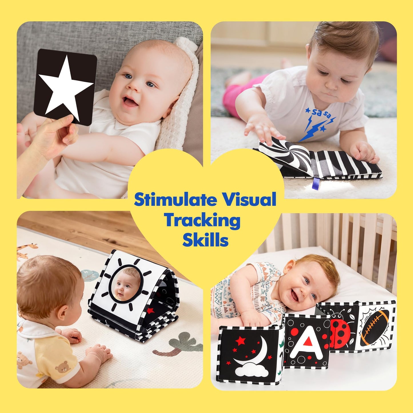 URMYWO 10 Pcs High Contrast Black and White Baby Toys for Newborn, Tummy Time Mirror, Rattle, Teether, Visual Stimulation Learning Cards, Sensory Toys for 0-6 Months, Baby Boy Girl Gift