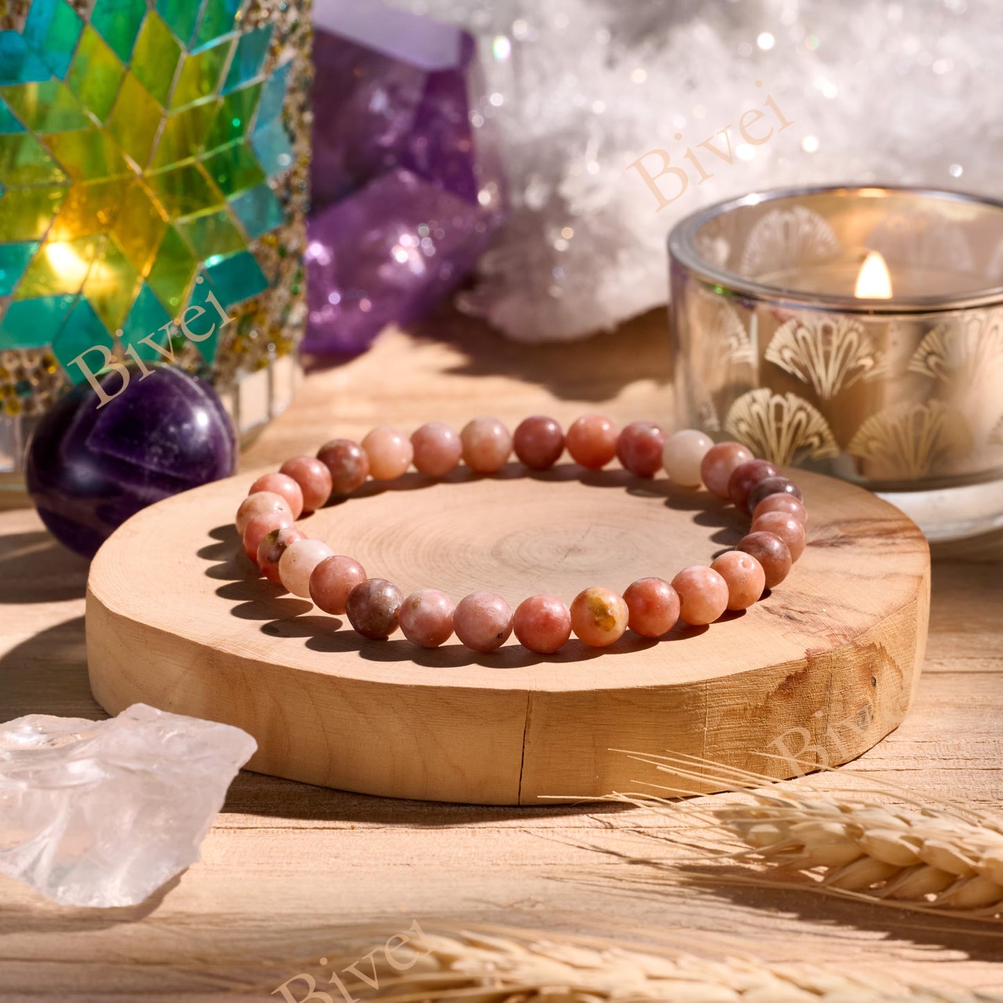 Bivei Plum Blossom Jade-Hope & renascence-6mm Beaded Bracelets for Women Handmade Semi Precious Natural Stone Stretch Elastic Jewelry for Women Yoga Protection Gifts
