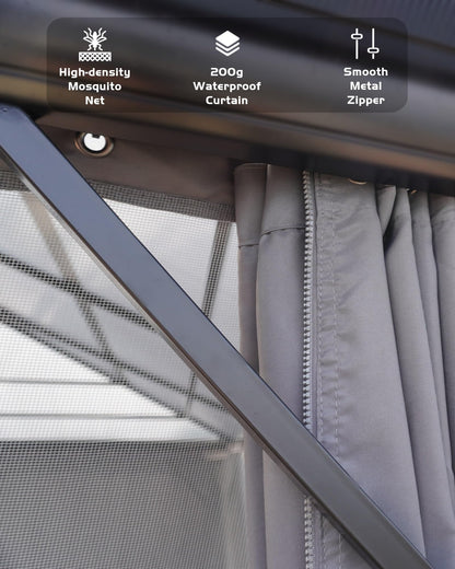 12'X20' Hardtop Gazebo, All-Weather Aluminum Frame Outdoor Canopy with Double Polycarbonate Roof, Permanent Outdoor Gazebo with Netting & Curtains for Garden, Lawns, Patio, Grey.