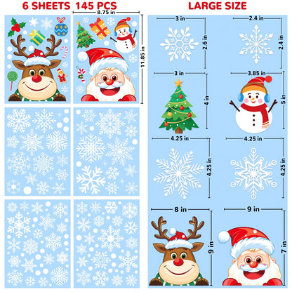 AOWDIAO Christmas Window Clings - 145 Pcs Xmas Glass Stickers, Santa, Snowflakes, Reindeer, Snowman - Winter Holiday Window Decorations for Festive Spirit