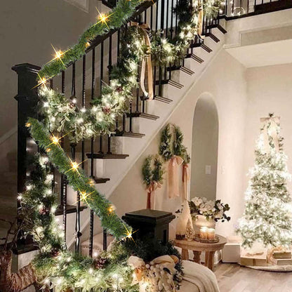 Nerosun 14.8 FT Artificial Christmas Garland, 50 Pre-Lit LED Mini String Lights Battery Operated Xmas Garland for Home Stair Railing Indoor Wedding Party Christmas Ornament Decorations (Warm White)