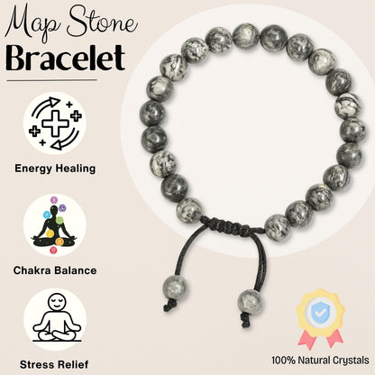 Amazing Gemstone Map Stone Bracelet for Women Men's Gifts - Protection Healing Crystal Bracelet - 8mm Gemstones Beaded Adjustable Bracelet Pulseras Para Hombres Mujer Stocking Stuffers