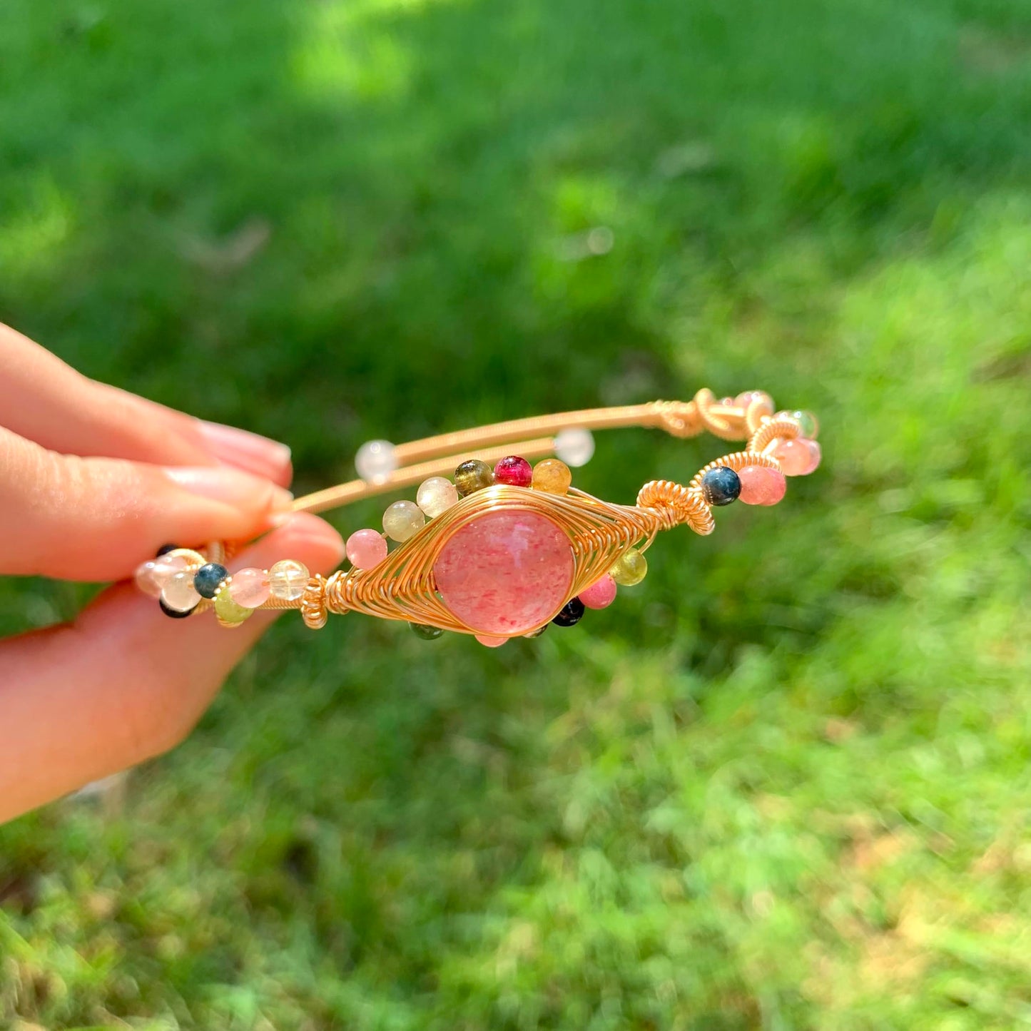 Handmade Genuine Strawberry Rose Quartz& Rainbow Tourmaline Beads 14k Gold Filled Wire Wrapped Bracelet, Birthstone Chakra Healing Gemstone Crystal Adjustable Bangle Cuff Jewelry Gift for Women