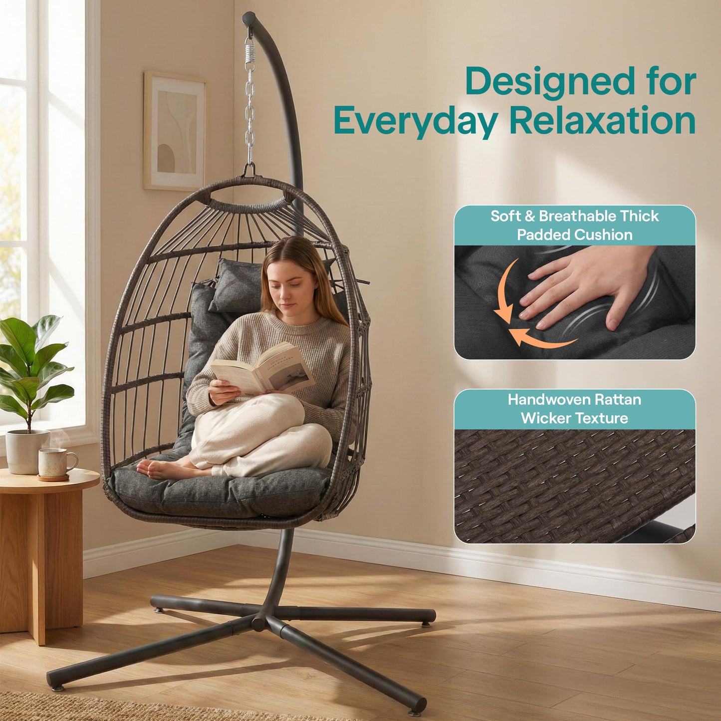 SereneLife Hanging Egg Chair with Stand - Wicker Rattan Outdoor Swing Chair, Powder-Coated Steel Frame, Padded Cushion & Headrest - Ideal Swinging Chair for Bedroom, Patio, Backyard - 350 lbs Load