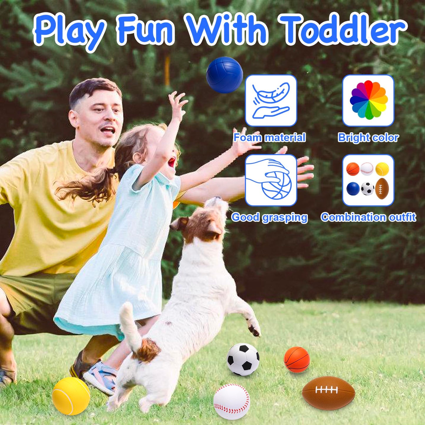 Urspasol Mini Sports Balls Set of 6 Foam Balls for Kids 3.5 inch Soft Ball for Toddlers 1-3 with Bag Includes Soccer, Basketball, Football, Baseball,Tennis and Volleyballs- Throwing Toys for Babies