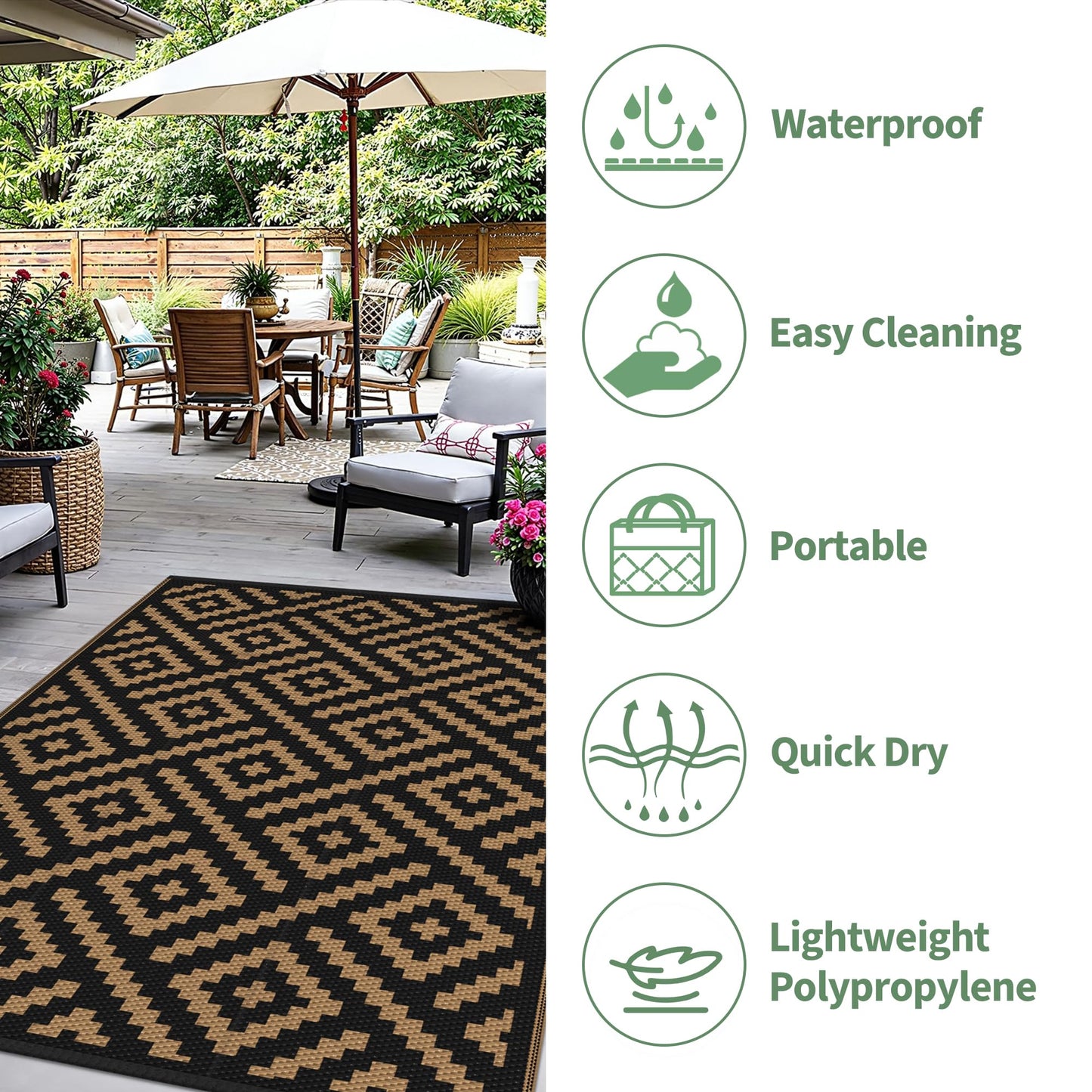 sarben Outdoor Rug for Patio - Waterproof Plastic Straw Camping Rugs 4x6 ft, Reversible Outdoor Indoor RV Mat Carpet for Patio, Porch, Deck, Balcony, Picnic, Beach, Black Brown